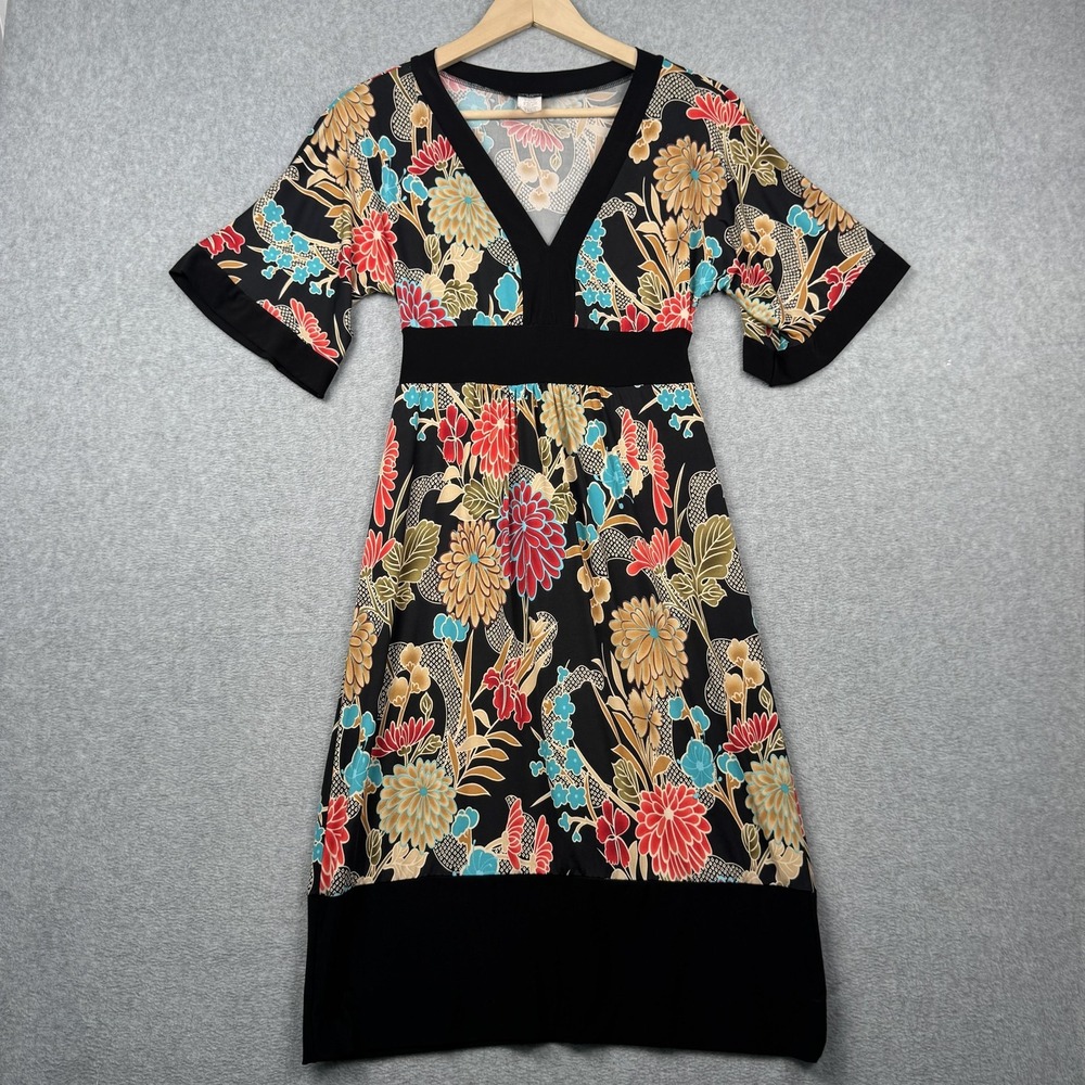 VTG Uno Core Dress Womens Small Black Floral V Neck Tie Babydoll Asian USA Y2K